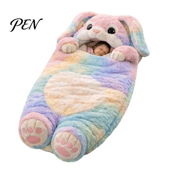 Childhood Atmosphere Bedding Plush Rabbit Envelope Sleeping Bag, Lop-eared Bunny Slumber Bag for Kids, Indoor Outdoor Animal Nap Mat Sack Home Travel