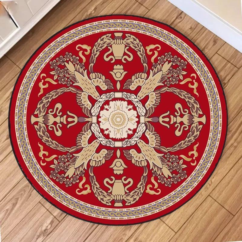Gilt Classical Round Carpet, Centered Medallion with Symmetric Florals on Ivory Rug Embossed Floor Mat for Grand Parlor Decor
