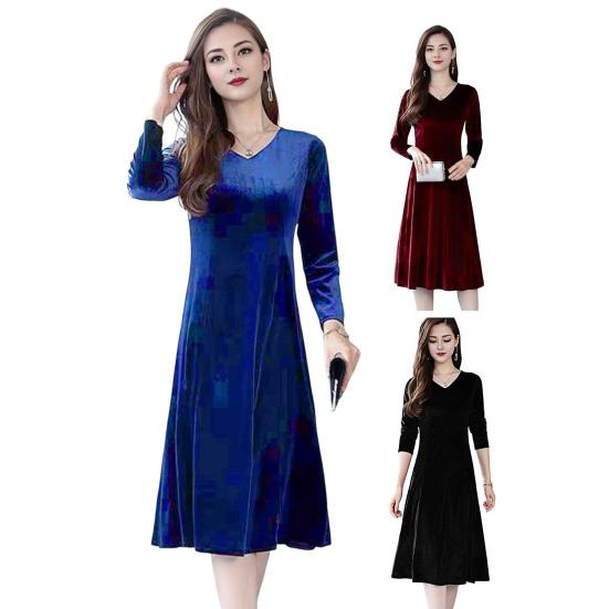 Abito in velluto da donna, autunno inverno, tinta unita, scollo a V, lunghezza media, abito a trapezio per matrimonio, damigella d'onore, festa, uso quotidiano
