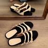 Cowhide Version~ British One-word Button Open-toe Slippers Women's Retro Wedge Heel Leather Versatile Gold Sandals