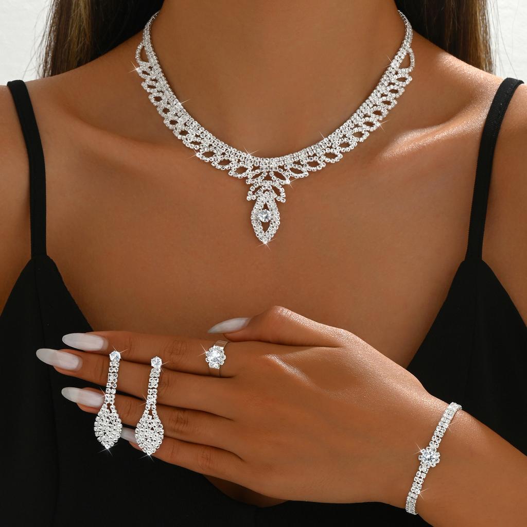Hollow Leaf Necklace Earrings Bracelet Ring Four-Piece Set Bridal Wedding Rhinestone Accessories