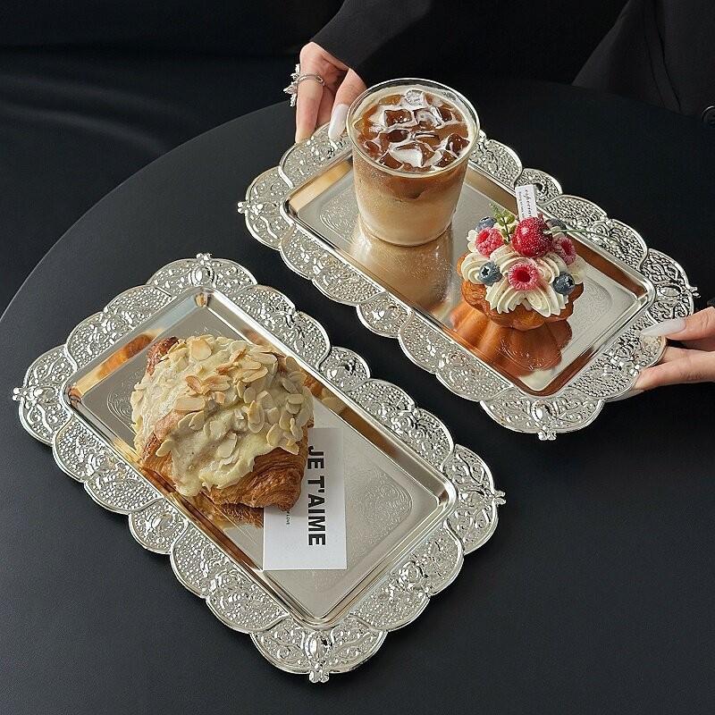 Metal European Retro Carved Silver Tray Cafe Bread Plate Cake Plate Silver Rectangular Dessert Plate