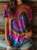 T-shirt da Donna Tie Dye Grafica Astratta Scollo a V, Manica Corta Top Casual, Viola Marrone Verde per Uso Quotidiano in Primavera ed Estate