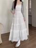 Fusta albă, lungă, de tort, femei, primăvară, talie înaltă, dantelă, mozaic, volane, fuste midi, haine dulci de balet