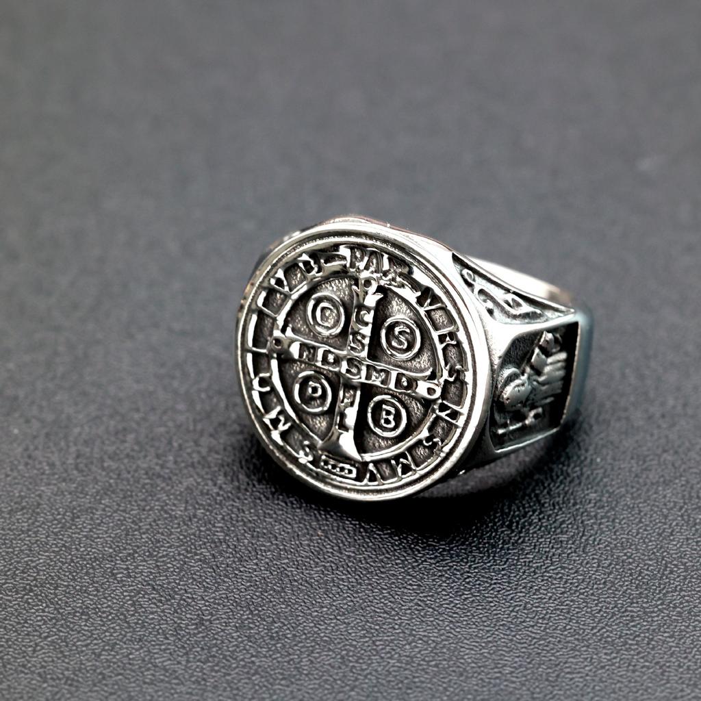 Antique Stainless Steel Men's St Benedict Cross Exorcism Ring