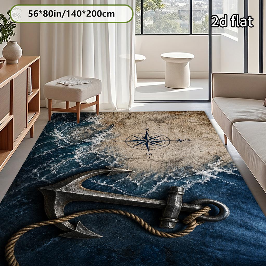 1pc Retro Nautical Anchor Pattern Area Rug, Blue‑Grey Maritime Style, Machine‑Washable & Soft, Classic Modern Design, Perfect