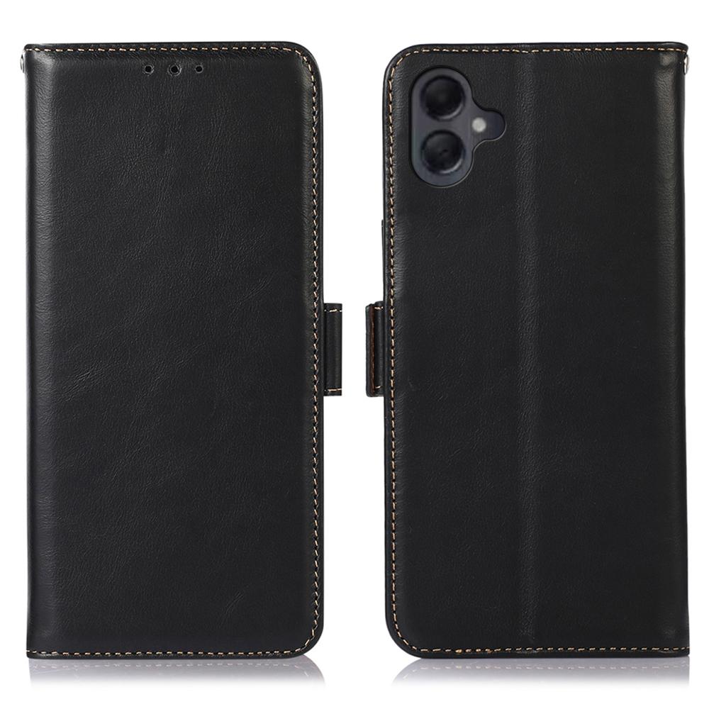 

For Samsung Galaxy A07 Case RFID Blocking Genuine Cow Leather Wallet Phone Cover Black
