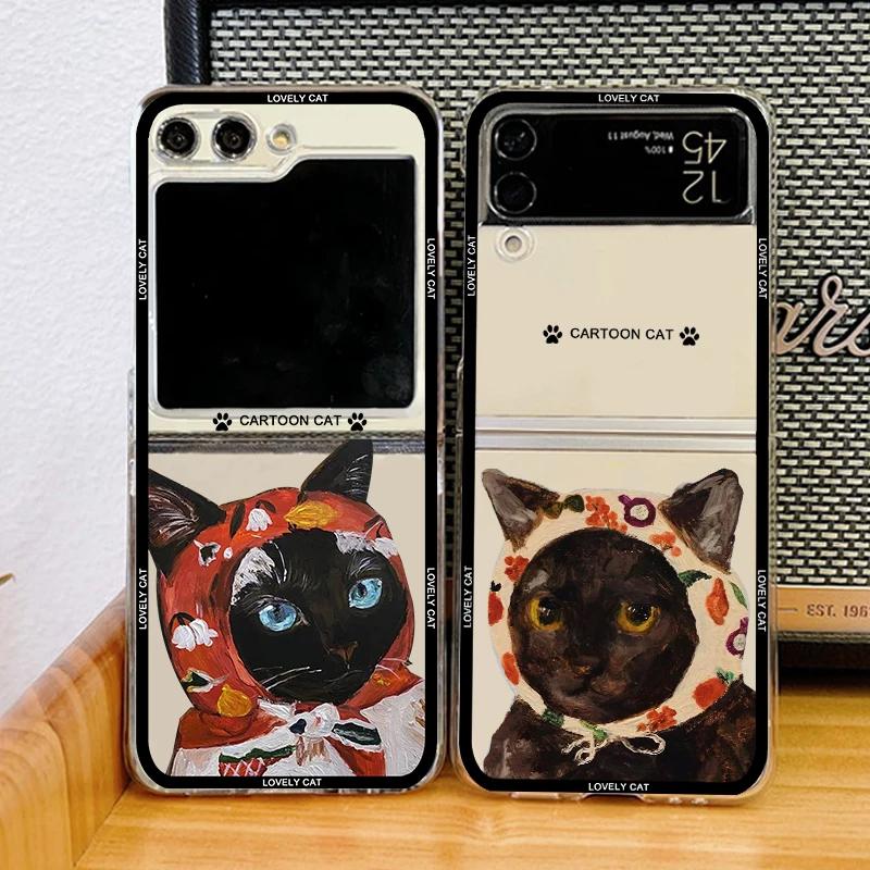 Funny Cute Cartoon Cat Phone Case For Samsung Galaxy Z Flip 6 5 4 3 For Samsung Flip6 Flip5 Flip4 Hard Folding Transparent Cover