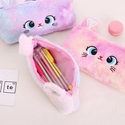 Kawaii Cartoon Cute Cat Plush Pouch Pencil Case Zipper Fluffy Large Capacity Pen Bag School Stationery Storage Bag