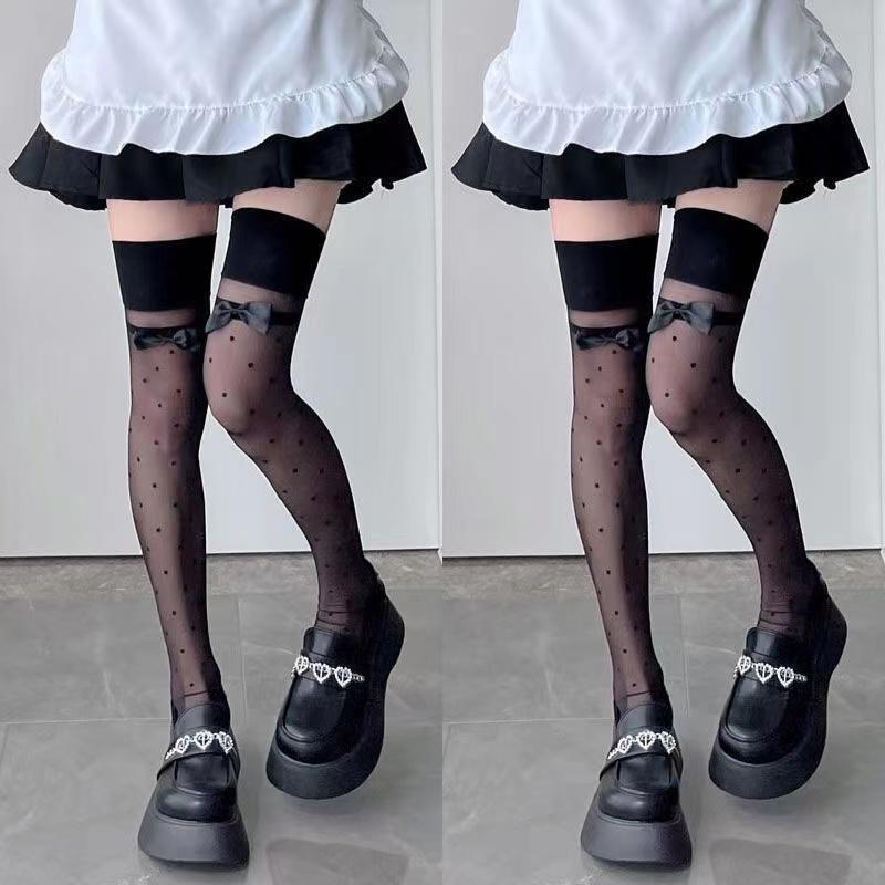 Sexy Women's Hosiery Classic Black Small Polka Dot Stay Up Thigh High Silk Stockings Hose.Ladies Bow Stockings Tights Pantyhose