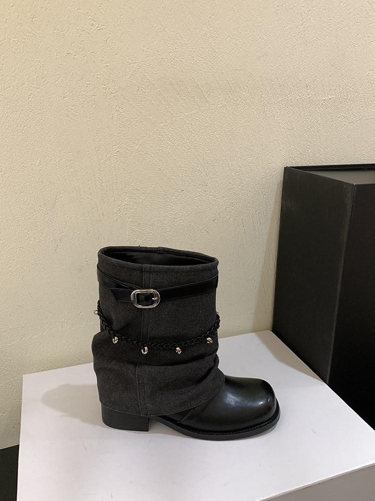 Retro style woven belt belt buckle stack boots women's new thick heel short boots locomotive boots western cowboy boots