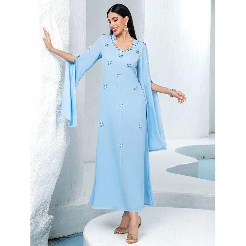New Arrival Light Blue Long Cuff Sewing Glass Rhinestone Dress Hand Sewn Diamond Dress