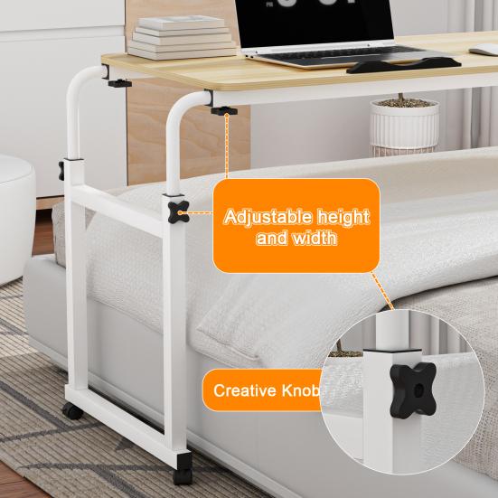 Mobile Overbed Table, Queen Size Over The Bed Desk with Wheels, Height And Length Adjustable Tilting Laptop Desk for Hospital And Home Use