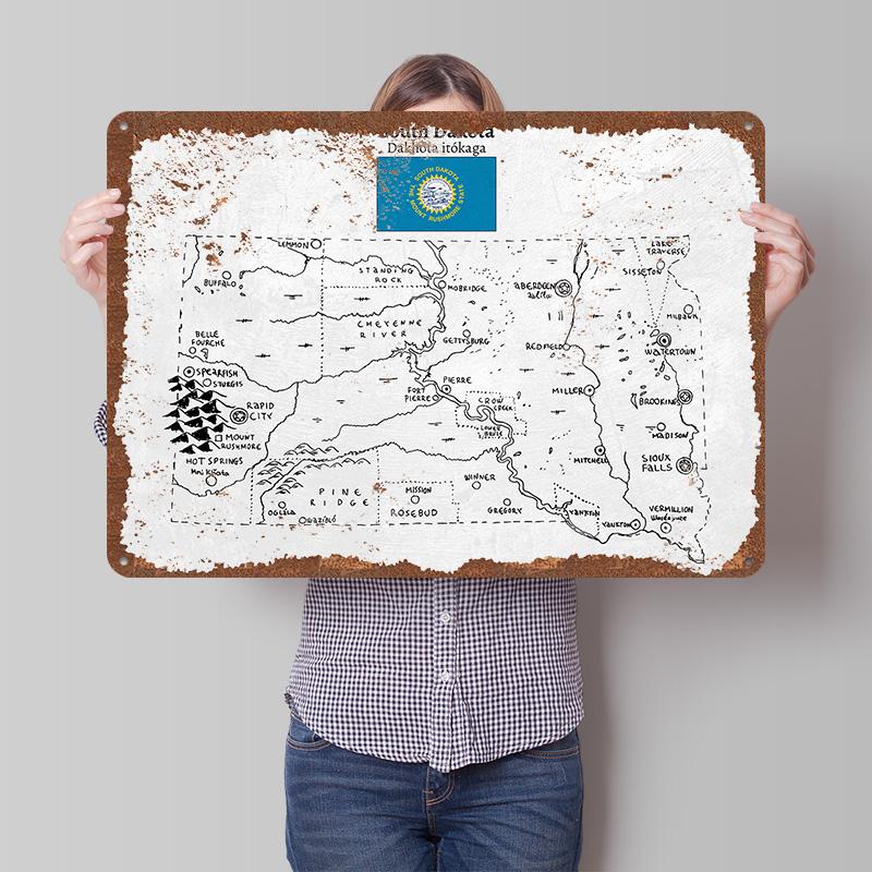 Hand Drawn Map of South Dakota Poster Customized Wall Art Vintage Metal Signs Retro Tin Plaque for Man Cave Aesthetic Room Decor