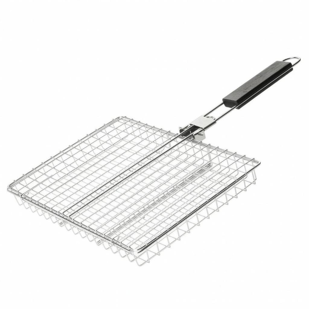 Square Grill Basket with Long Handle Electroplated Carbon Steel Folding Foldable
