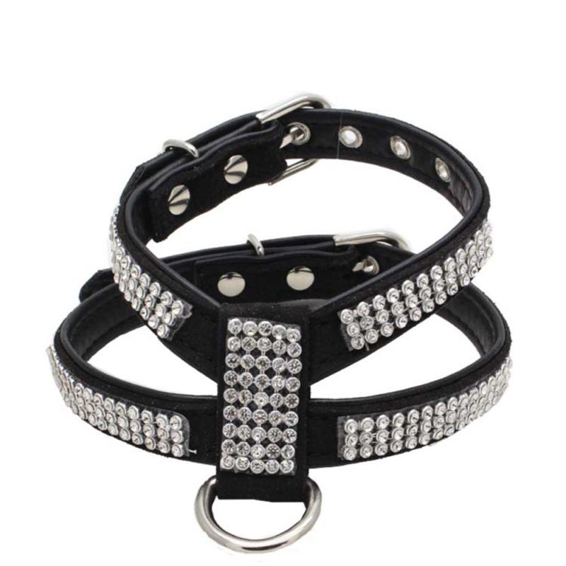

Регулируемый ошейник из искусственной кожи для щенков с блестящим кристаллическим ремешком S bust 28--35 neck 20--26 чёрный