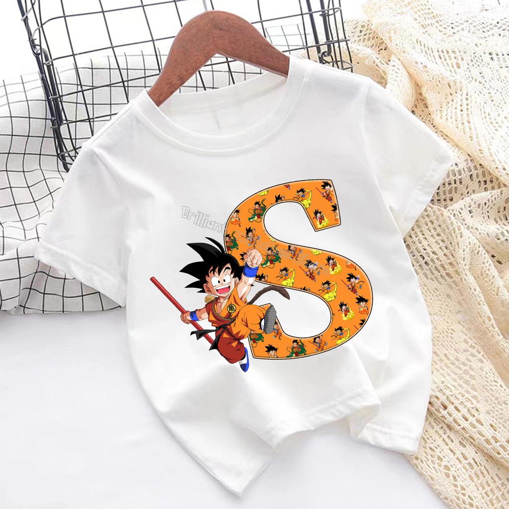 Dragon Ball Goku T-shirt for Children Cartoon Letter A-Z Tee Top Anime Round Collar Clothes Fashion Kids White Clothing Gift
