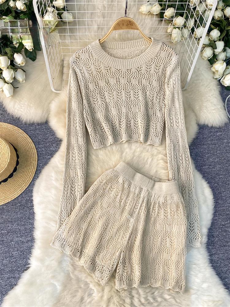 American Senior Simple Style Two Pieces Sets O Neck Hollow Top Elastic Waist Fit Chic Slim Shorts Women Solid Knitted Casual Suits