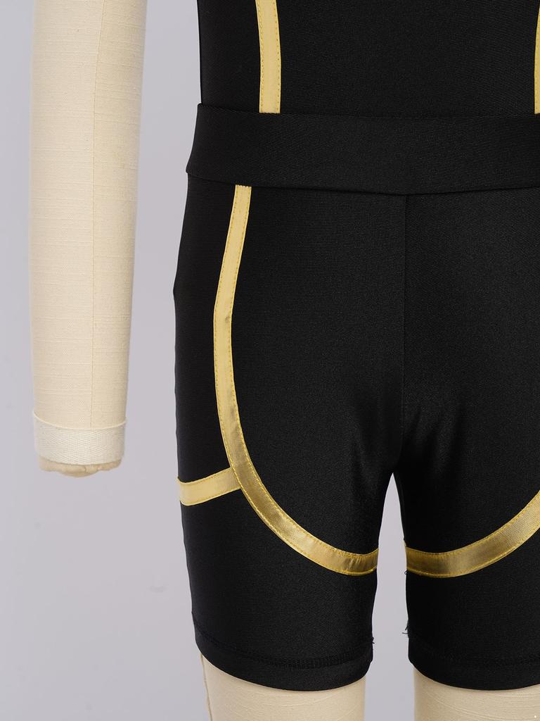 Boys Shiny Contrast Leotard Sleeveless Press Button Crotch Shorts Gymnastics Outfit