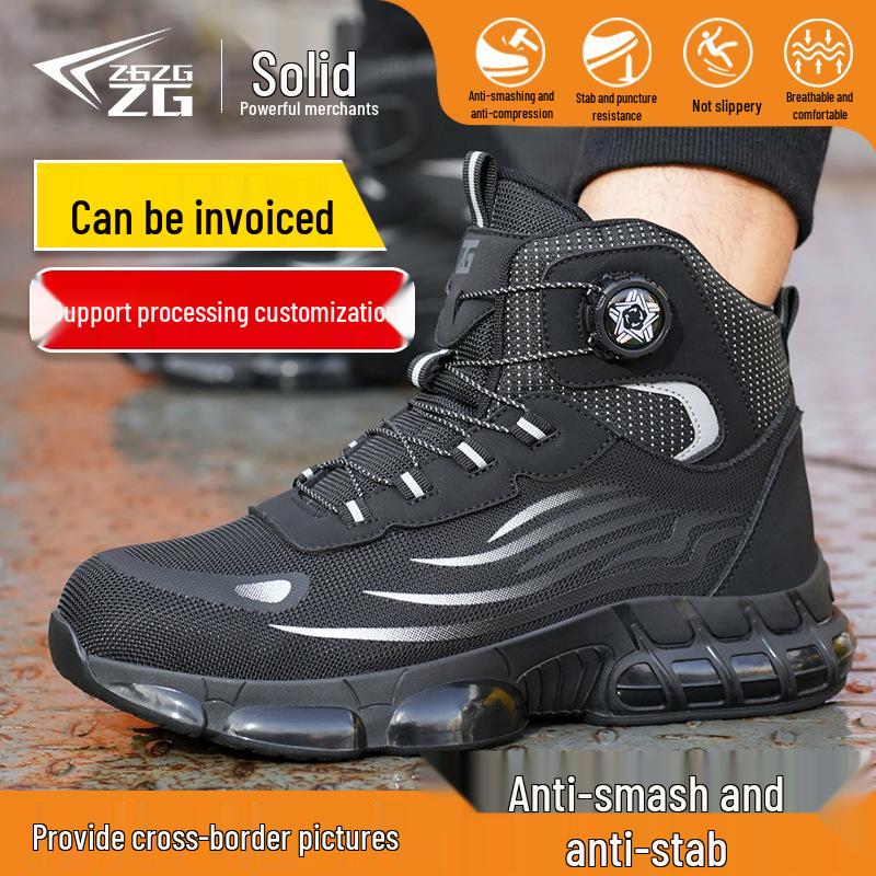 

Men s Mid-High Top Safety Shoes: Anti-Smash, Anti-Puncture, No-Tie, Breathable Flyknit, Lightweight, Non-Slip. Mid-High Top Black; 42