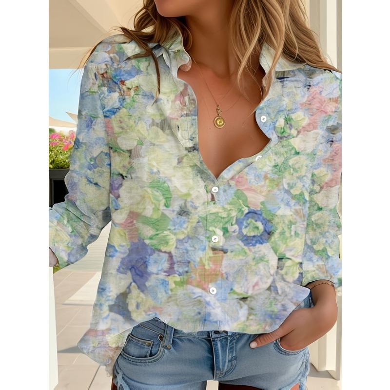 Damen Casual Elegante Geblümte Bluse Reverskragen Bluse Damen Langarmhemden Freizeit Damenbekleidung Damenbekleidung