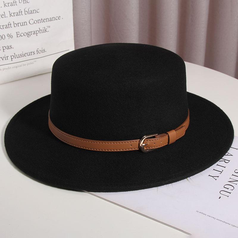 French Celebrity Flat Top Woolen Top Hat Women's Autumn and Winter Retro Versatile Flat Edge Hat British Hepburn Style Jazz Hat