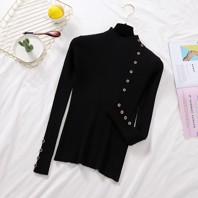 Women Autumn Knitted Slim Sweaters Solid Knitted Female Cotton Soft Elastic Color Pullovers Button Full Sleeve Turtleneck