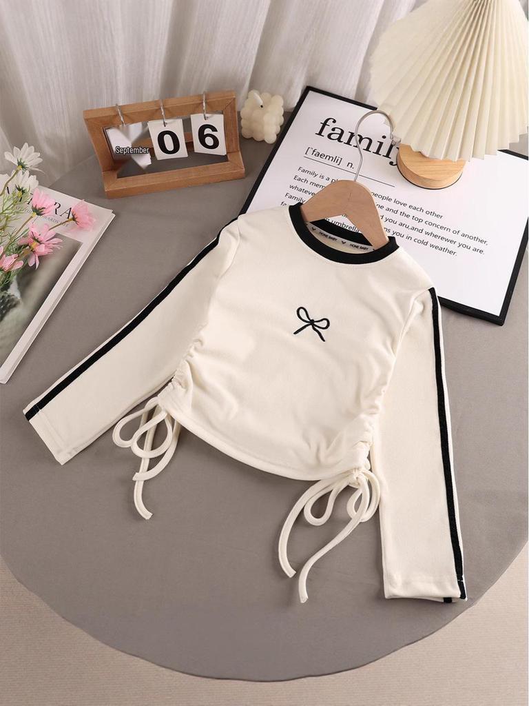 Girls' Embroidered Bow Long-Sleeve T-Shirt for Spring & Autumn