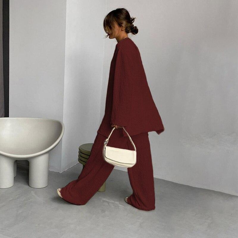 2023 Long Sleeve Casual Crepe Blouse Women Long Pant 2 Two Piece Sets O Neck Split Simple Tops Loose Trousers Suit Outfits 28162