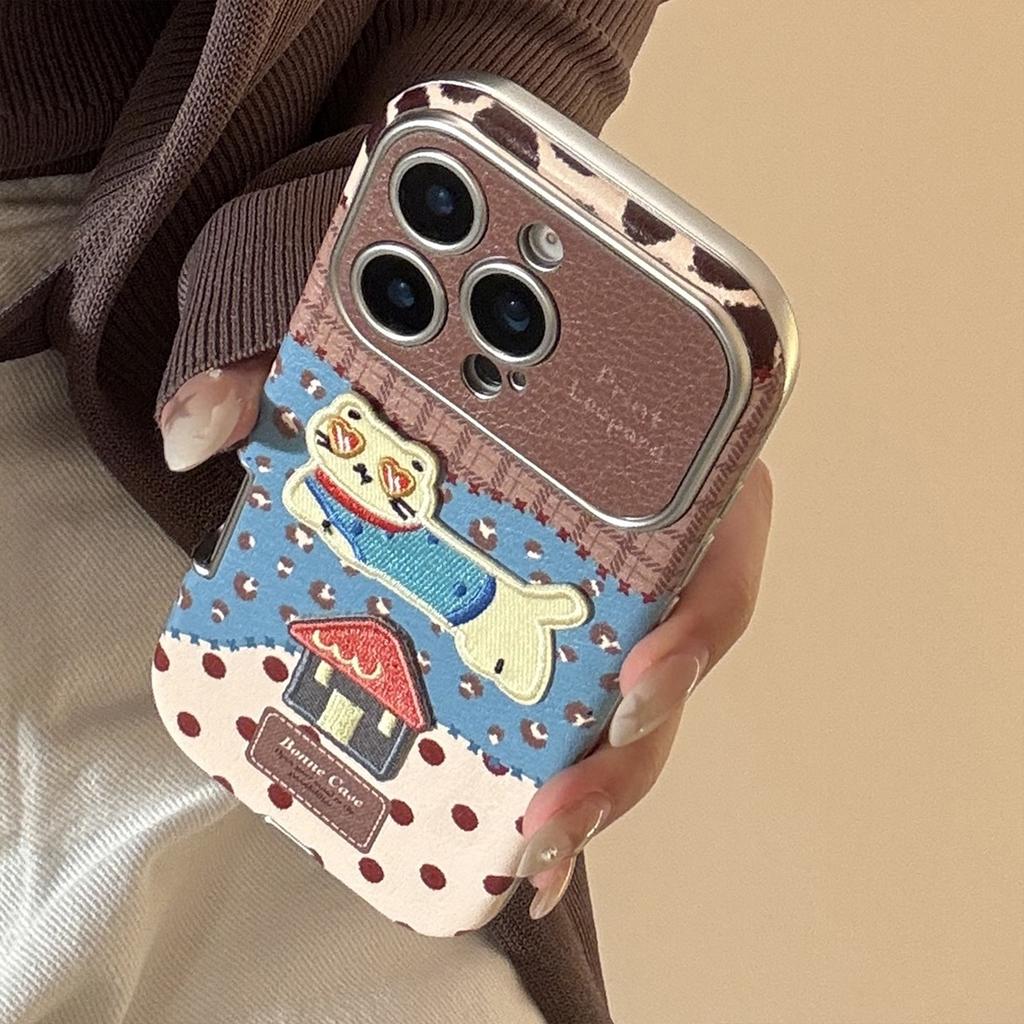 Cute Embroidered Cat Patchwork Leopard & Polka Dot Design Phone Case for iPhone 17 16 15 14 11 12 13 Pro Max Plus Back Cover
