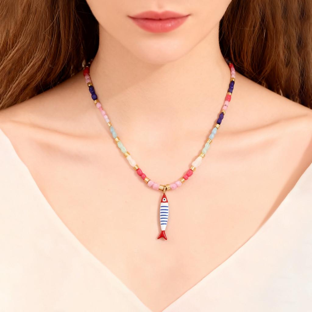 Collana con Ciondolo Pesce Bohemien con Perline Colorate e Catena in Acciaio Inossidabile per Donne e Uomini