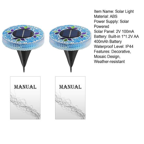 2Pcs Solar Mosaic Disc Lights Waterproof Pathway Lights Outdoor LED Garden Stake Lights Auto On/Off Solar Powered Lamps for Yard Lawn Driveway