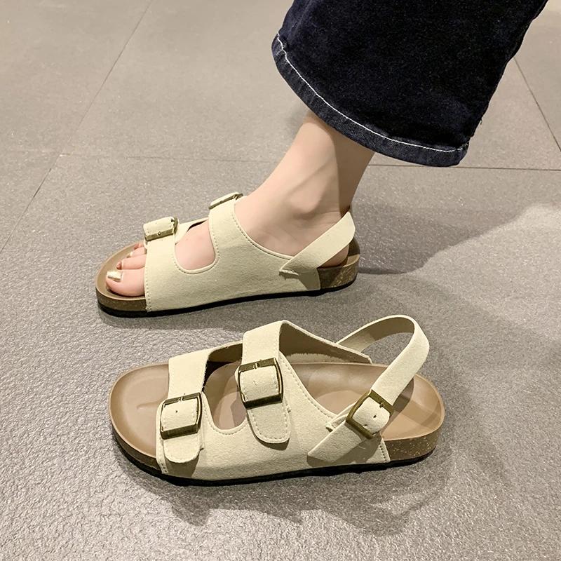 Fashion 2025 New Open Toe Women's Sandals Fashion Belt Buckle Casual Sandals Women Summer Plus Size Solid Best Seller Rome Flat Sandals