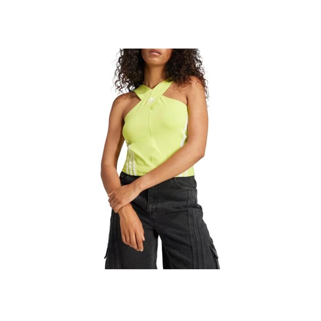 Adidas Originals Logo Embroidered Striped Fitted Sleeveless Top Women Tops Yellow JM9260