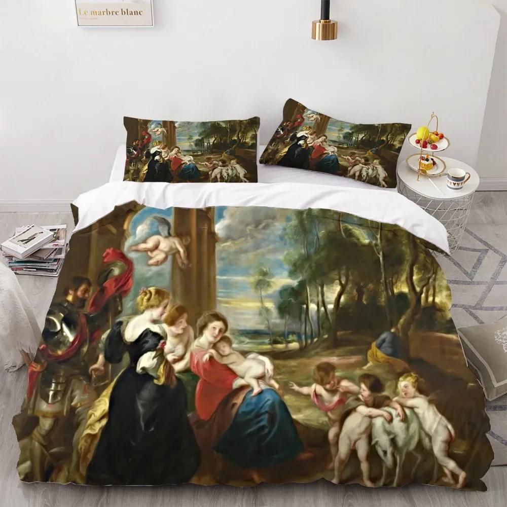 2/3 Pieces Angel Oil Painting Bedding Set Ancient Art Duvet Cover Cartoon Warm Bed Quilt Cover Kids Bedroom Bed Cover Set Green