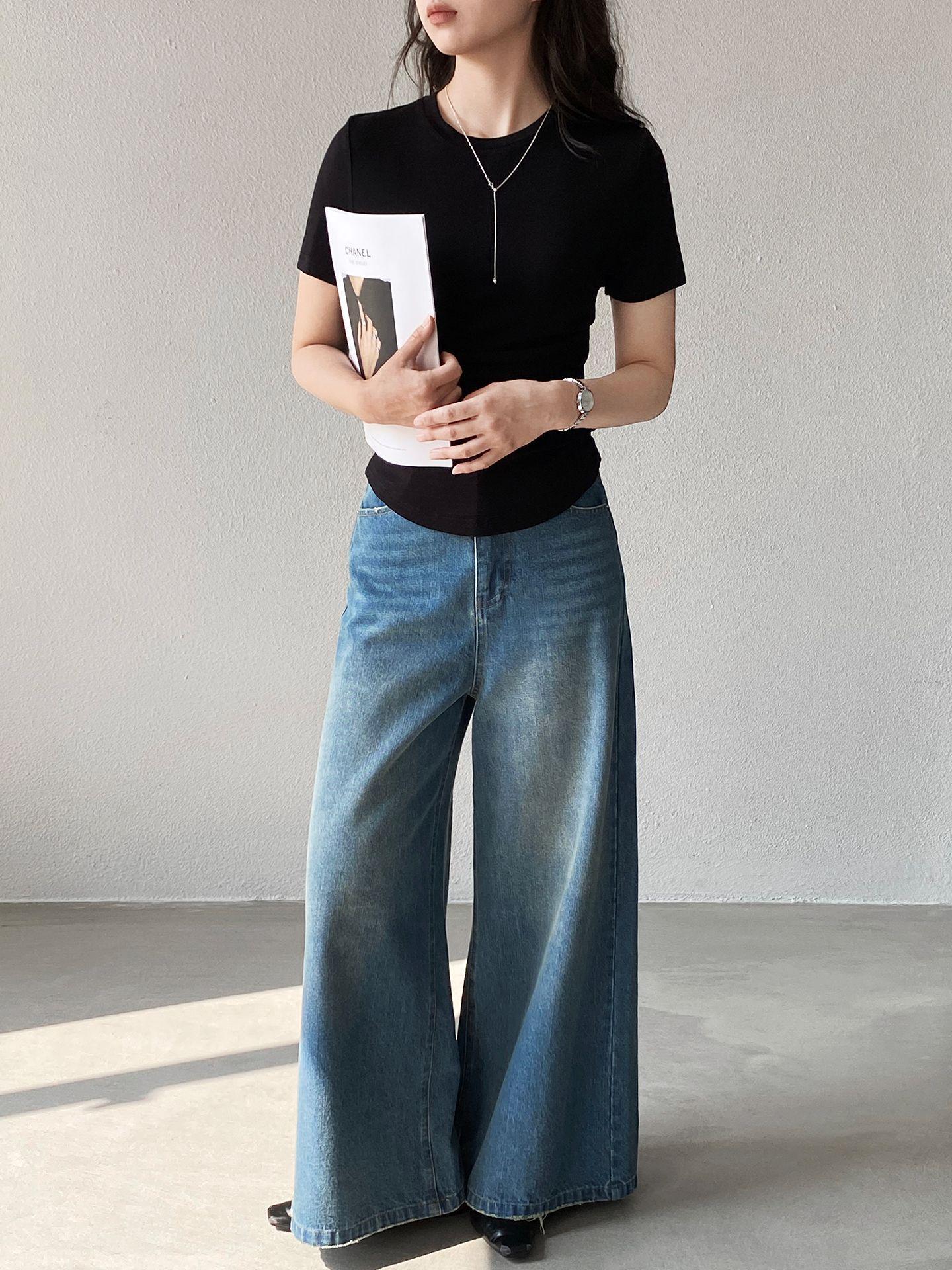 

Jiang Zuo Women s Blue Wide-Leg High-Waist Jeans for Pear-Shaped Bodies, Slimming Straight-Leg Fit, Size 26 S