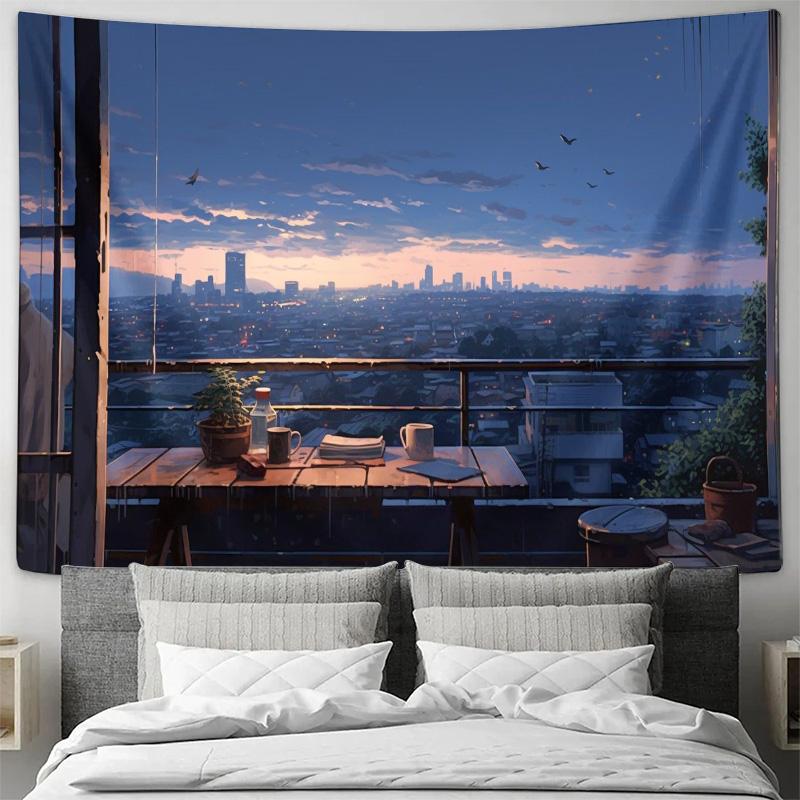 City Sunset Balcony View Wall Tapestry Machine Washable All Season Decor Art Print Urban Landscape Design Home Easy To Clean