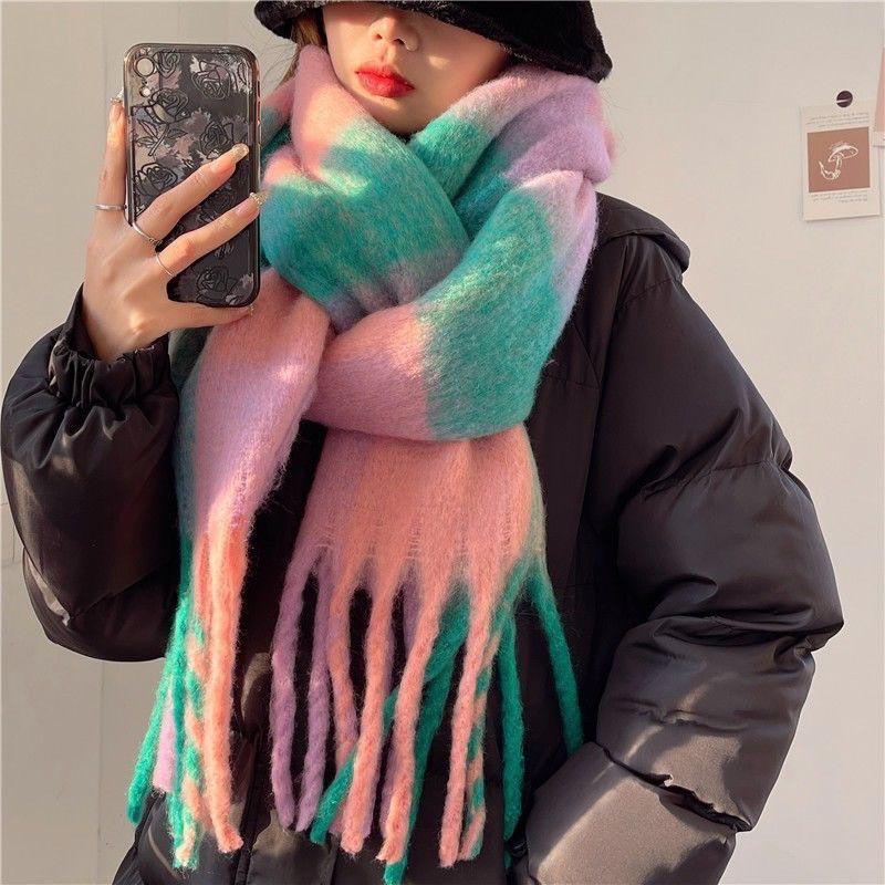 Korean Style Plaid Mohair Scarf - Women's Winter Imitation Cashmere Shawl