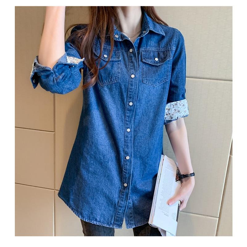 Camicia Casual in Denim a Maniche Lunghe alla Moda da Donna Stile Coreano Ampia Nuova con Rever Primavera e Autunno Ufficio Blusa Lunga Streetwear Top Giacca Abbigliamento