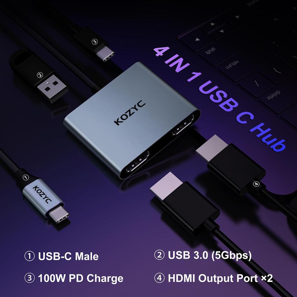 USB C to Dual HDMI Adapter 4K@30Hz, KOZYC USB C Hub Multiport Adapter with 2xHDMI, USB 3.0, 100W PD, Support HDMI Splitter Extended Display