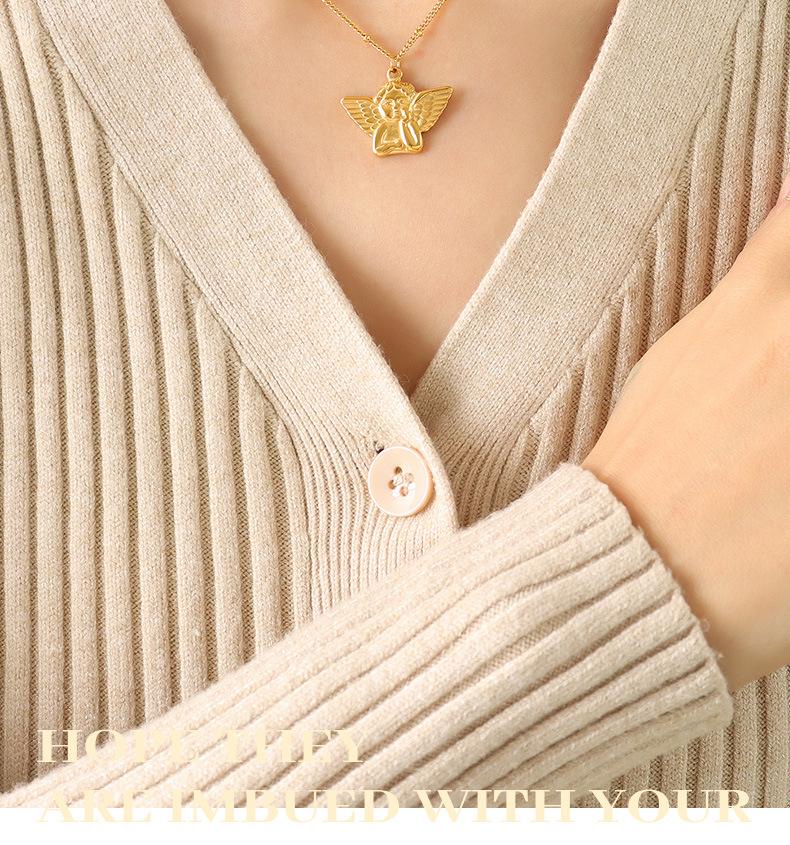 Women's 18K Gold Angel Pendant Necklace - European & American Hip Hop Style, Titanium Steel Clavicle Chain