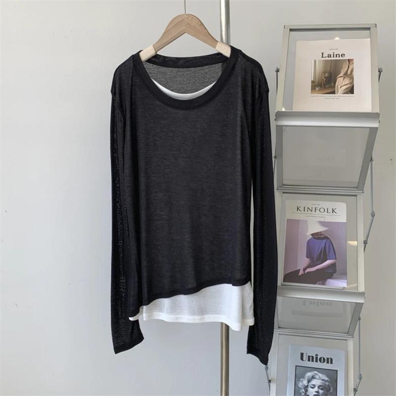 Pullovers Tops Winter Women Long Sleeves Shirt Faux Two-piece Padded Blouse Oversized Solid Color Loose Pullover Tops