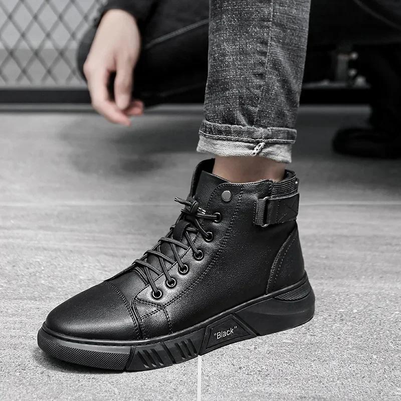 Fashion Genuine Leather Business Short Boots Men's New Autumn Winter 2024 British Fashion Plush Flat Shoes Trend Casual Shoes Soft