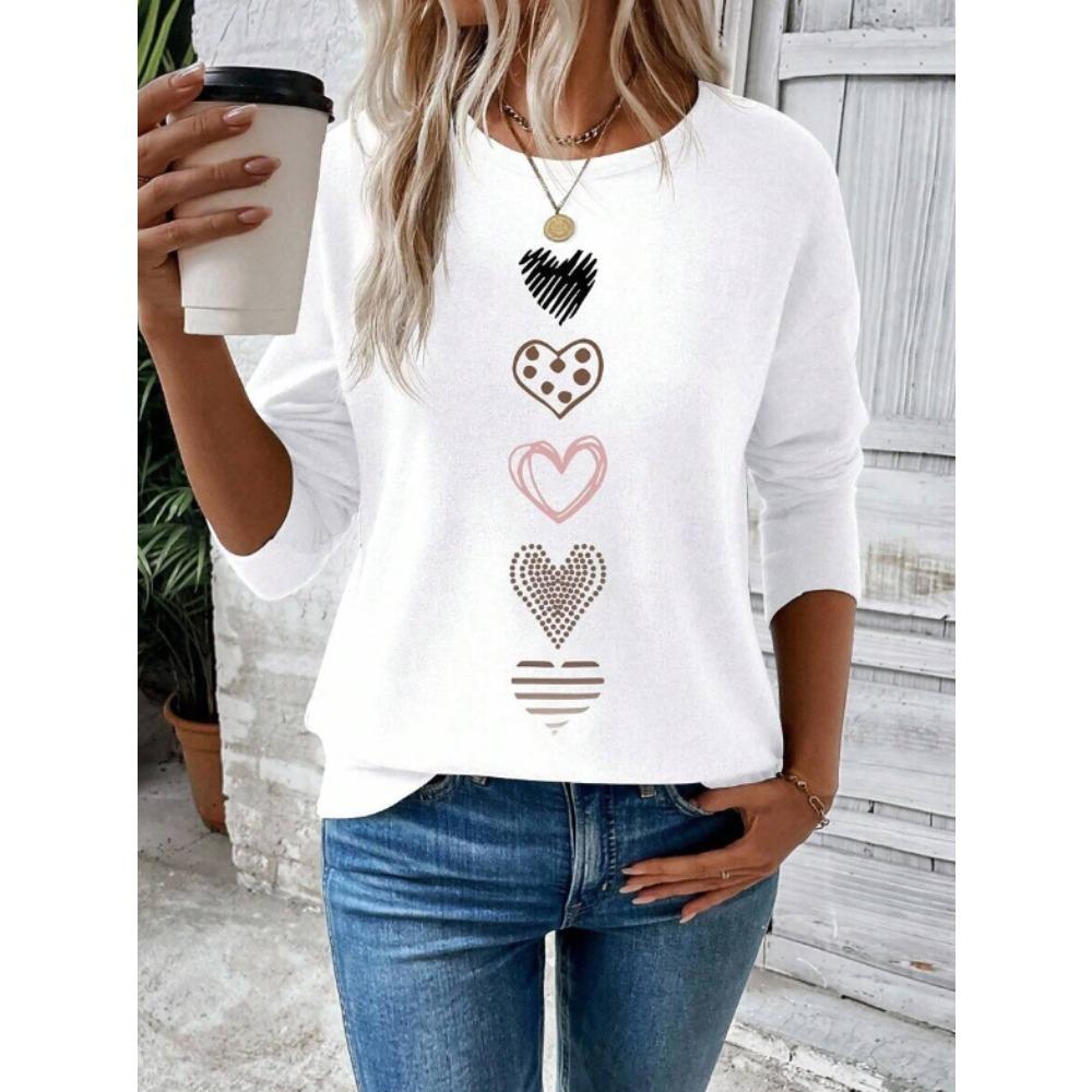 Top da Donna Stampa Cuori Girocollo Manica Lunga T-shirt Autunno Casual Slim Pullover Top a Manica Lunga da Donna