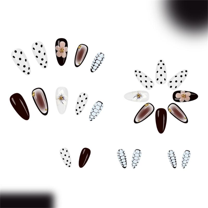 Pack of 24 Fake Nail Droplet Shape White Gradient Dot Flower Pattern Medium Length Glossy Press On Nail for Women