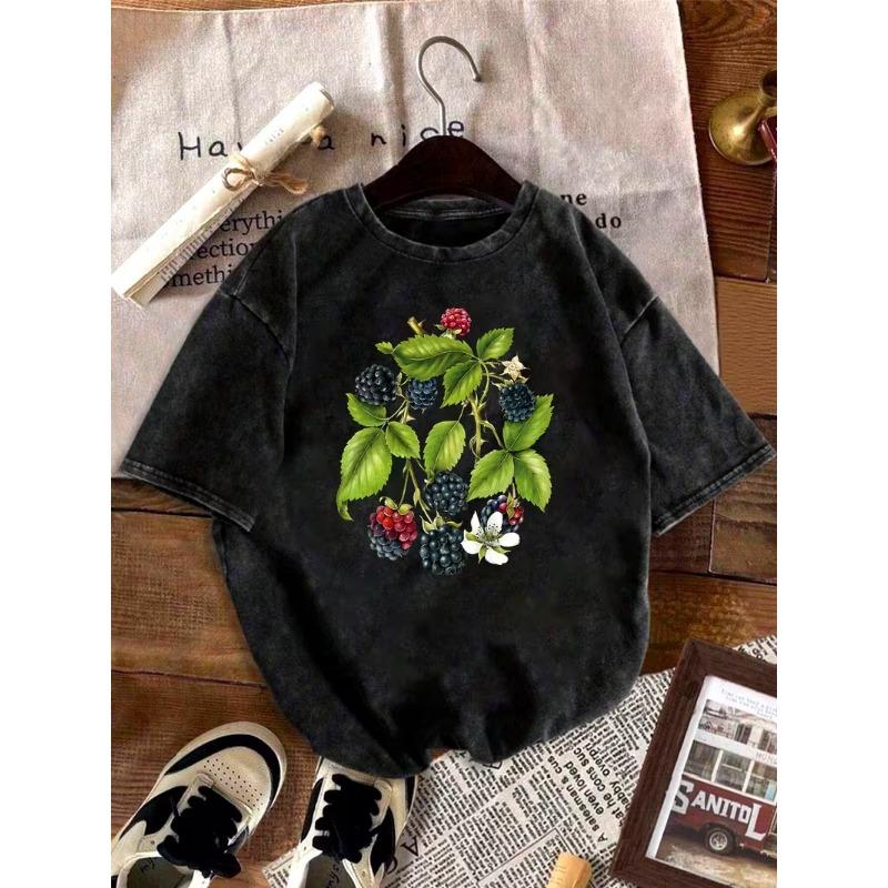 Vintage Washed T-shirt with Fern Leaf & Botanical Print - Soft Relaxed Fit Short Sleeve Round Neck Casual Top,Fern Leaf Shirt
