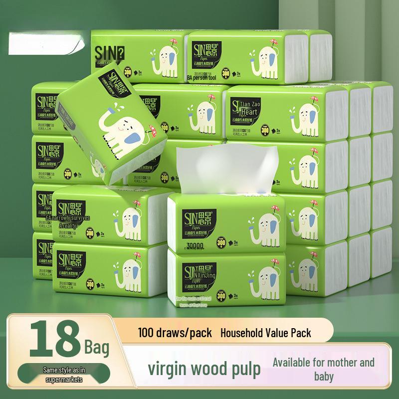 Si Jing 3-Ply Virgin Wood Pulp Unprinted Facial Tissue - Large Pack, 100 Sheets, 18 Packs