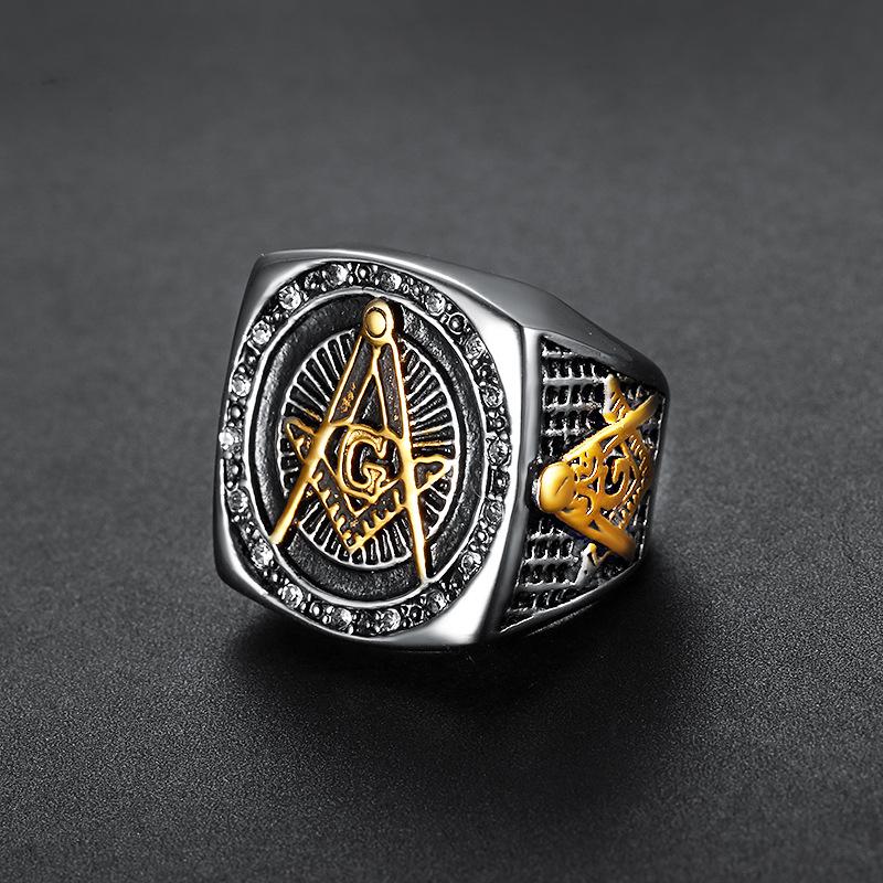 Fashion Rhinestone Masonic Ring Stainless Steel Charm Jewelry for Women Men Exquisite Freemason Ring SMR0012