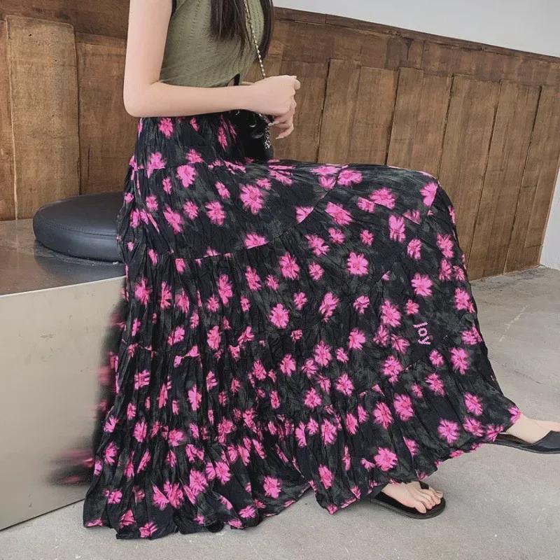 2024 French Retro Floral Pleated High-Waist Maxi Chiffon Skirt