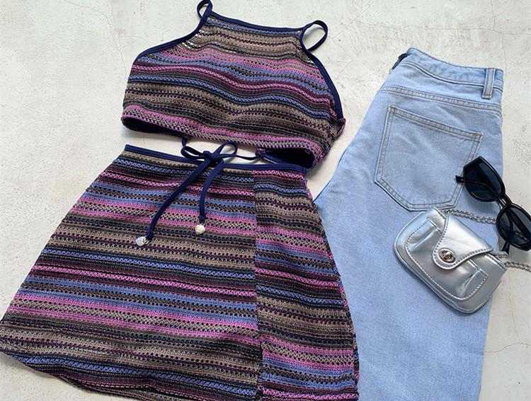 2025 Vintage Korean Striped Backless Tie-Up Swimsuit with Split Skirt for Women